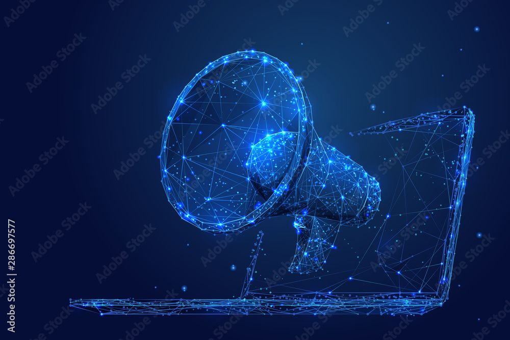 Poster digital marketing low poly wireframe illustration. polygonal online notification, internet targeted 
