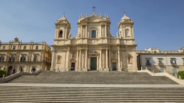 Scenic entrance stairway and facade of the baroque cathedral of Noto, Sicily Italy.