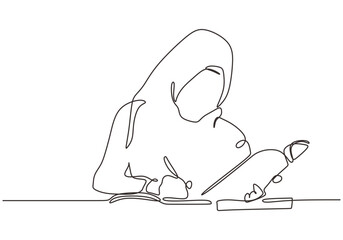 Continuous one line drawing of hijab girl study. Woman with muslimah scarf writing and reading with a pen and book.