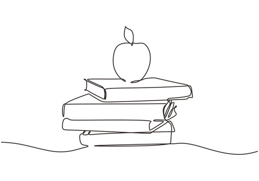 Stack of books and apple on a white background. Continuous one line drawing education supplies vector illustration minimalism back to school theme.