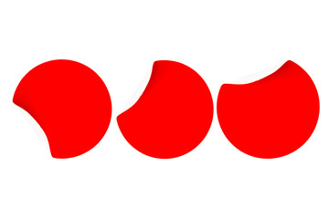 Three blank red stickers with curled side on a white background with place for text. Top view. Isolated.