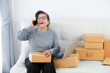 Asian senior woman retirement using laptop computer and packing box selling online market concept
