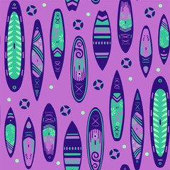 Stand Up Paddle Boarding SUP surfing colorful elements cute seamless pattern vector illustration with supboard, lifebuoy and wave on a pink background