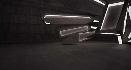 Abstract brown and beige  concrete interior with neon lighting. 3D illustration and rendering.
