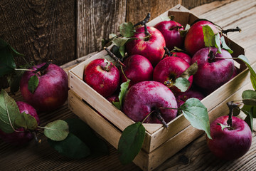 Autumn red apples with leaves in wooden crate