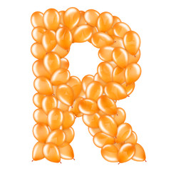 Orange letter R from helium balloons part of English alphabet.