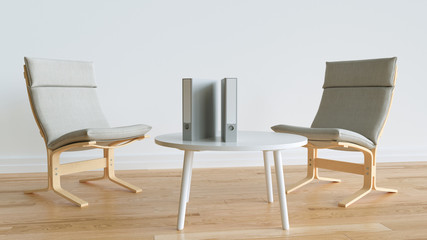 File folders on a modern table with two chairs in the background in a light room - 3D rendering