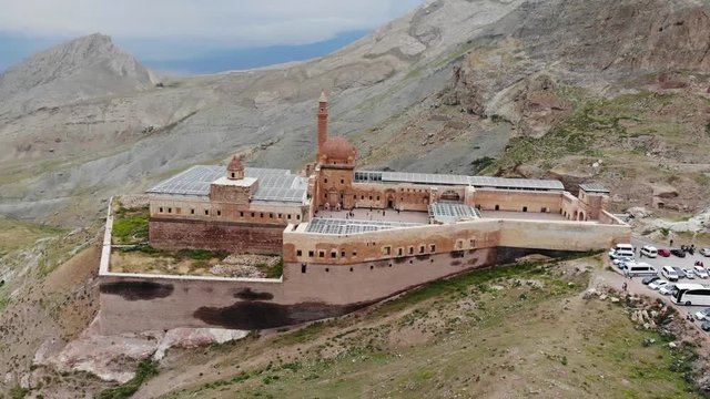 Aerial view of Ishak Pasha Palace, it is a semi-ruined palace and administrative complex located in the Dogubeyazit, Agri province of eastern Turkey. Ottoman, Persian, and Armenian architectural style