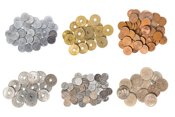 Pile of 500 yen coins japanese money on white background.