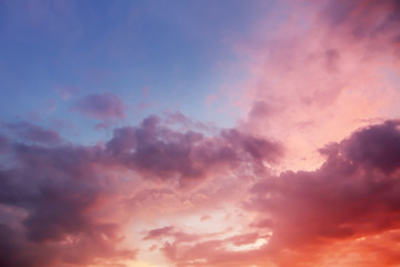 Dramatic atmosphere panorama view of artistic colorful twilight sky and clouds in tropical summer season.