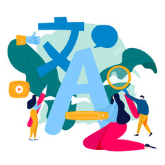 Obraz premium Online translator, foreign language translation, online communication flat vector illustration design for mobile and web graphics