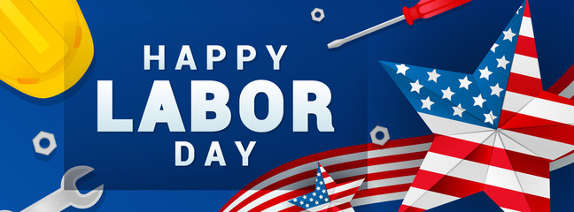 Happy Labor day banner vector illustration. American star with safety helmet and wrench on blue background.