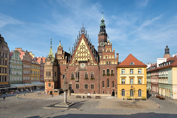 Fototapeta na wymiar Gothic facade of historic Town Hall of Wroclaw, Lower Silesia, Poland
