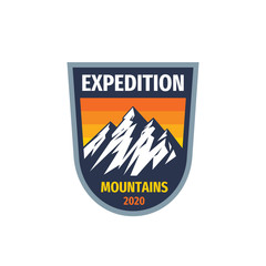 Expedition mountains - concept vector badge. Climbing hiking logo. Adventure outdoors emblem. Graphic design element. 