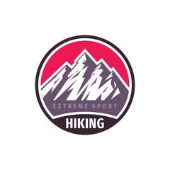 Mountains hiking extreme sport - concept badge design. Climbing creative logo. Expedition outdoors emblem. Vector illustration. 