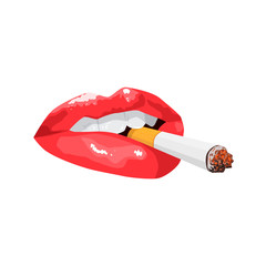 sexy lips with cigarette.quit smoking.bad habit. Attractive female mouth. print for T-shirt or tattoo. isolated on white background