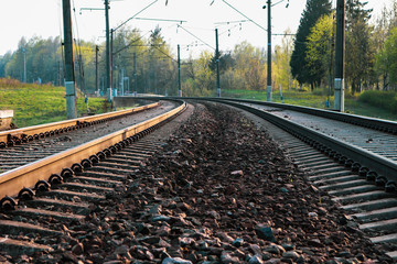 Rails of the railway. Low angle.
