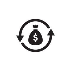 Dollar money bag and arrows - black icon design. Investment sign. Vector illustration. 