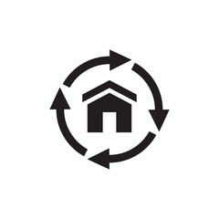 House build and arrows - black web icon. Graphic design element.  Vector illustration. 