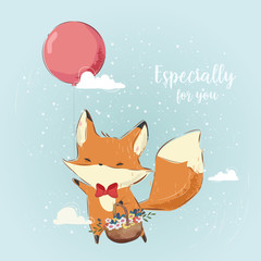 Cute Fox Flying with Balloons