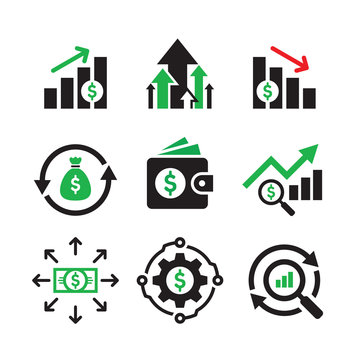 Business finance investment - concept web icons set. Infographic exchange market symbols. Monay dollar signs. Graphic design elements.