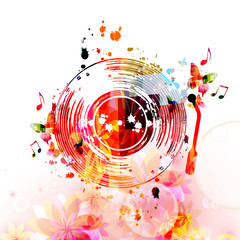 Obraz premium Music background with colorful vinyl record disc and music notes vector illustration design. Artistic music festival poster, events, party flyer, music notes signs and symbols