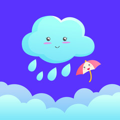 Cute raincloud and little umbrella, Weather symbol.