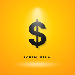 Dollar sign with bright spotlight lamp on yellow studio background for super deal, winner prize, money cash back poster concept banner vector illustration social media template design.