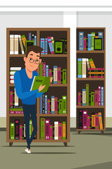 Student in library flat vector illustration