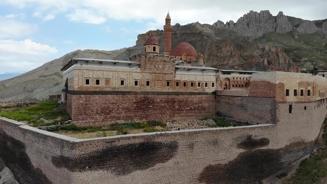 Aerial view of Ishak Pasha Palace, it is a semi-ruined palace and administrative complex located in the Dogubeyazit, Agri province of eastern Turkey. Ottoman, Persian, and Armenian architectural style