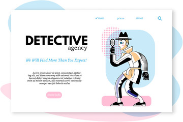 Detective agency vector web page template. Agent with magnifier character