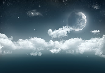 Fototapety  Ilustracja przedstawiająca półksiężyc po prawej stronie z długim pasem chmur, gwiazd, spadającej gwiazdy i galaktyk na tle ciemnego błękitu kosmosu.
