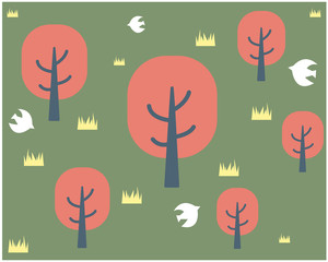 木　森　ポップ　イラスト　秋　紅葉　もみじ　楓 メッセージカード　背景　鳥　可愛い