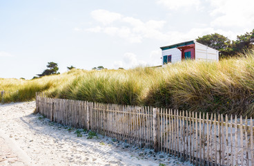A small wooden beach cottage, partially hidden by wild grasses behind a wooden fence, protruding above the dune in front of the sea on a sunny summer morning.