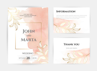 wedding invitation templates. Cover design with gold leaves ornaments. set with hand drawn watercolor background. Vector eps10.