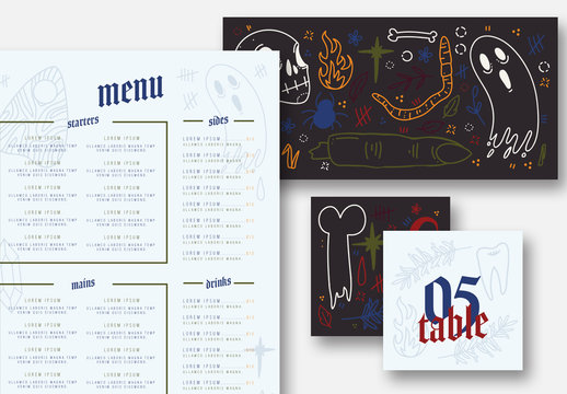 Colorful Spooky Restaurant Collateral Layout Set with Graphic Line Art