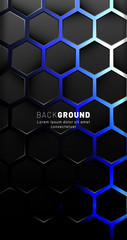 Vertical hexagon background. Gradient color light pattern with dark background technology style. Honeycomb. Vector illustration of light.