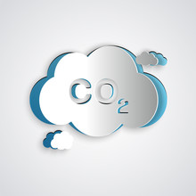 Paper cut CO2 emissions in cloud icon isolated on grey background. Carbon dioxide formula symbol, smog pollution concept, environment concept. Paper art style. Vector Illustration
