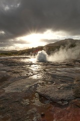 Sonnenuntergang,Geysir in Island