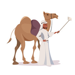 Happy bedouin with camel flat vector illustration