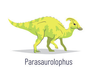 Parasaurolophus. Ornithischian dinosaur. Colorful vector illustration of prehistoric creature parasaurolophus in hand drawn flat style isolated on white background. Huge fossil dinosaur.