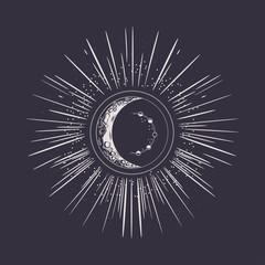 Moon phases, crescent and rays. Vintage graphics.