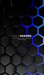 Vertical hexagon background. Gradient color light pattern with dark background technology style. Honeycomb. Vector illustration of light.