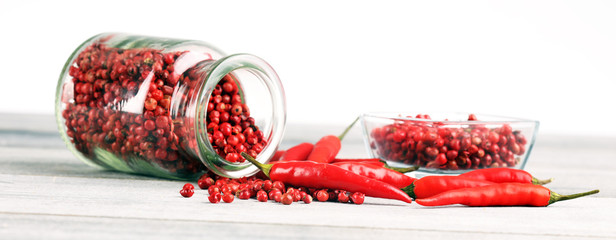 red hot bird chili pepper with pepper corns