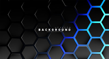 Abstract black hexagon pattern on blue neon background technology style. Honeycomb. Vector illustration