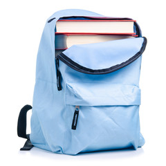 Blue backpack with books education on white background isolation