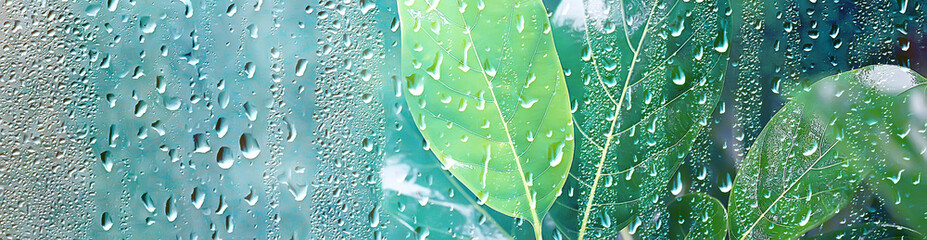 summer rain wet glass / abstract background landscape on a rainy day outside the window blurred background - obrazy, fototapety, plakaty