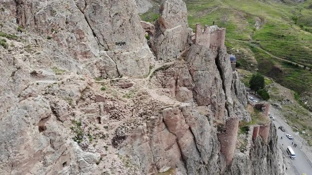 Aerial view of the ruins of the Dogubayazit castle, built on the mountain near Eski Bayezıd Cami and the Ishak Pasha Palace. Eastern Turkey