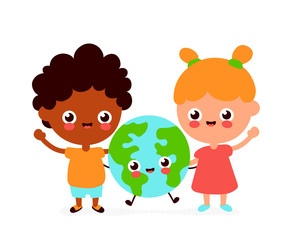 Cute happy funny smiling boy,girl and Earth planet