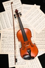 Fototapeta na wymiar Violin On Music Notes Sheets